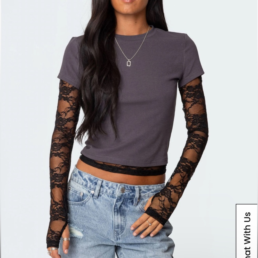 Edikted Charcoal Gray Short Sleeve Tee with Black Lace Long Sleeve Layer